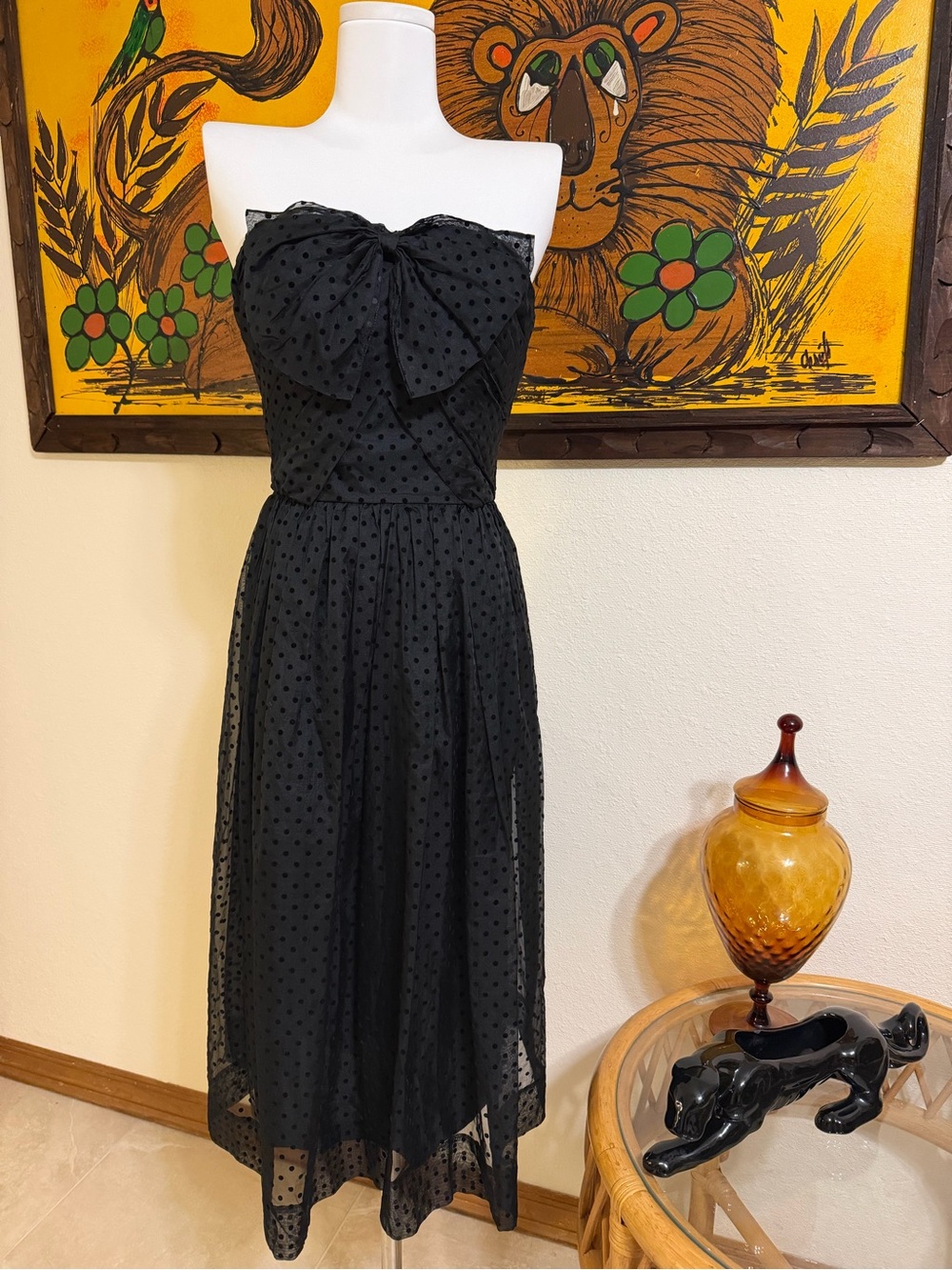 Vintage 80s does 50s Albert Nipon Black Flocked Polka Dot Strapless Bow Dress